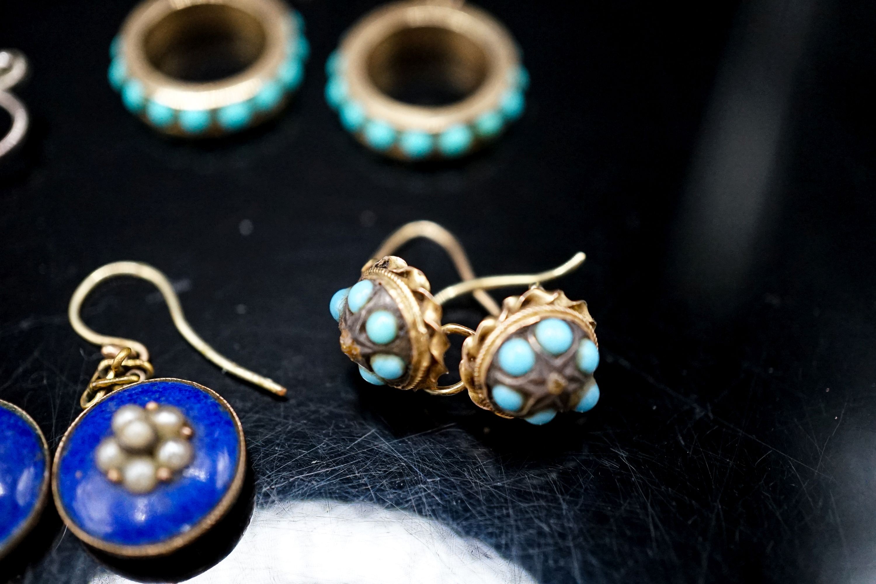 Eight assorted pairs of Victorian and later earrings including yellow metal and coral set, one odd earing and a pendant and two chains (some a.f.).